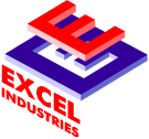 Logo of Excel Industries with a red and blue design on a white background